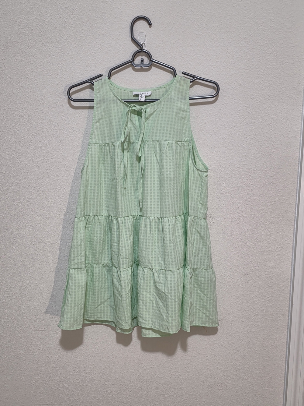 Topshop Light Mint Tie-Neck Tiered Mini Dress